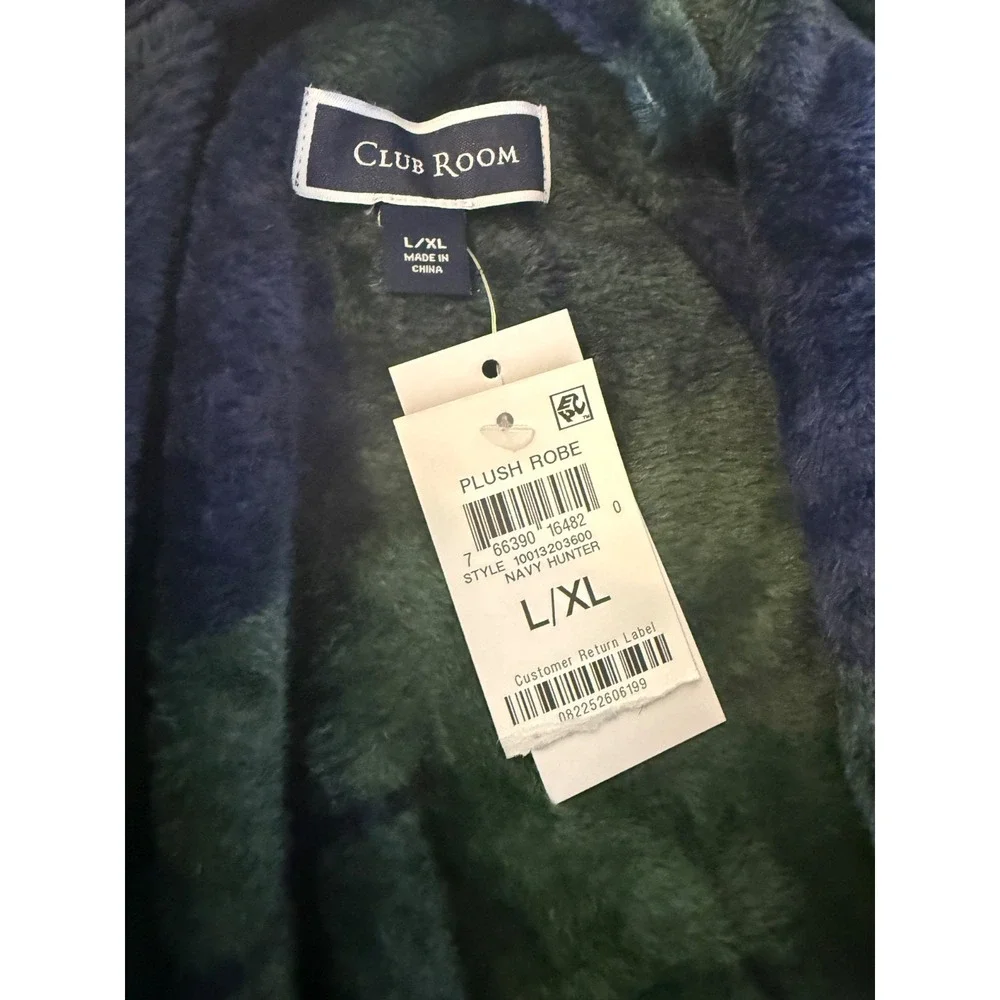 Club Room mens ‎ Navy / Hunter Green Plaid Belted Plush Pajama Robe S/M